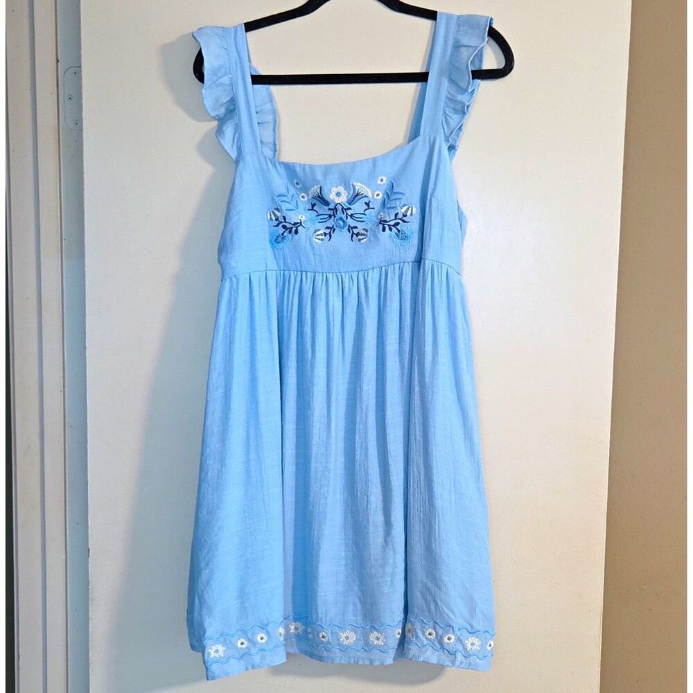 Altar'd State Blue Floral Embroidered Ruffle Strappy Square Neck Mini Dress XL